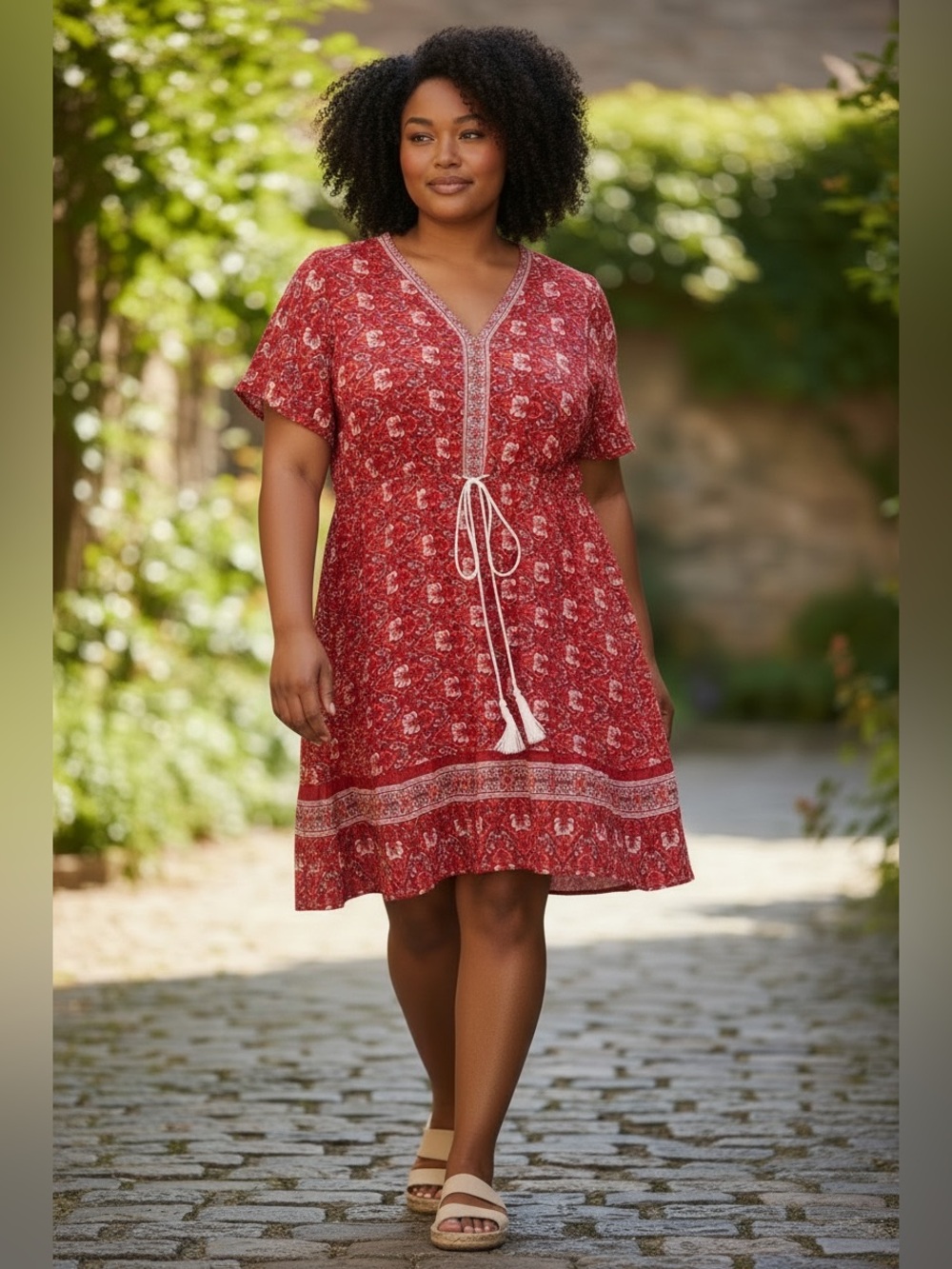 Leani XL Red Boho Print Dress with Tie Waist